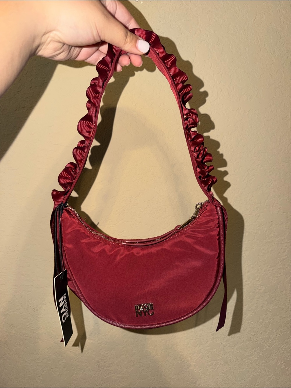 Mini Madden NYC Ruffled Strap Shoulder Bag - Burgundy